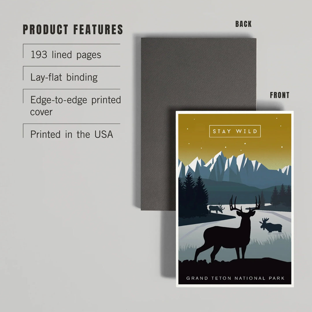 Lined 6x9 Journal, Grand Teton National Park, Wyoming, Animal Silhouettes, Yellow and Blue, Lay Flat, 193 Pages, FSC paper