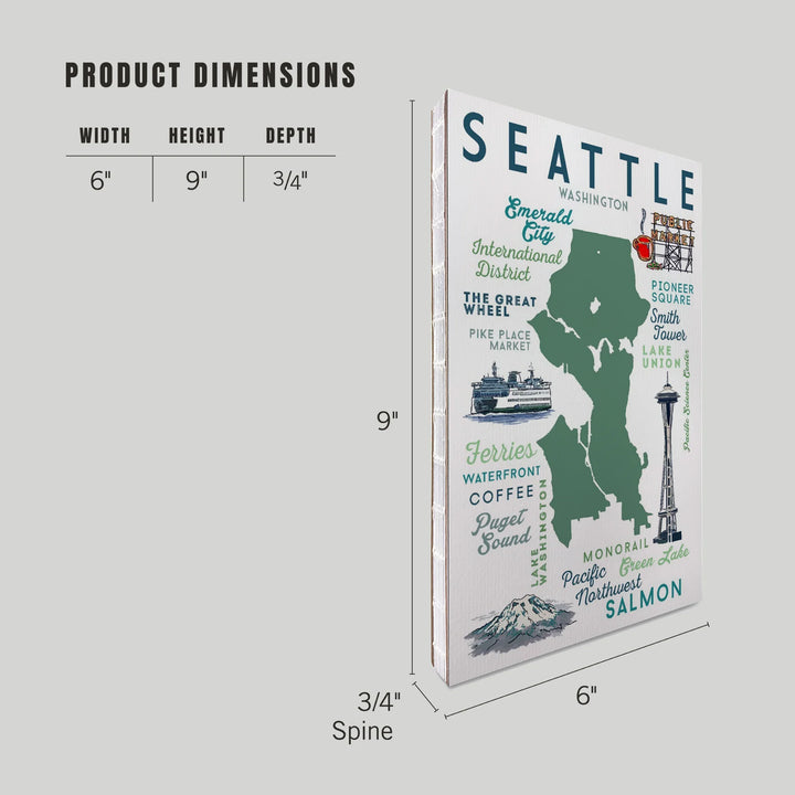 Lined 6x9 Journal, Seattle, Washington, Typography and Icons, Lay Flat, 193 Pages, FSC paper