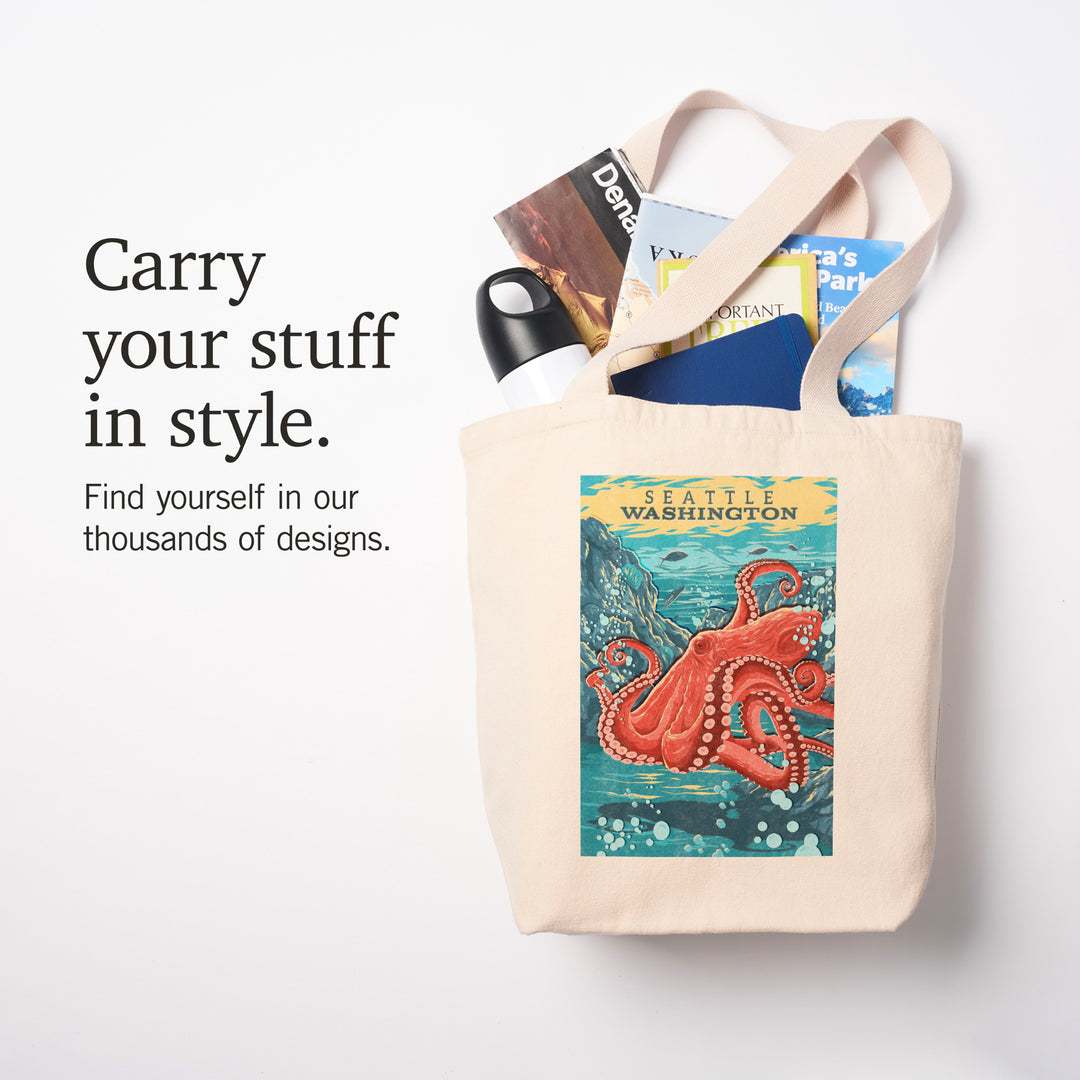 Seattle, Washington, Vintage Print Press, Octopus, Tote Bag