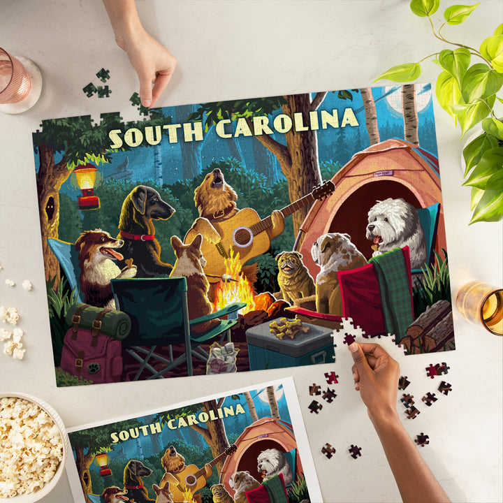 South Carolina, Painterly, Pack Life, Dogs Around Campfire, Jigsaw Puzzle