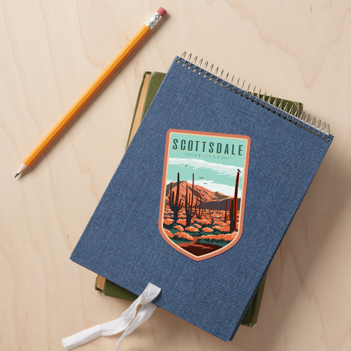 Scottsdale, Arizona, Desert Scene with Cactus, Vinyl Sticker