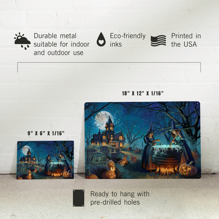 Oil Painting, Cemetery Witch's Brew, 12x18 Metal Sign