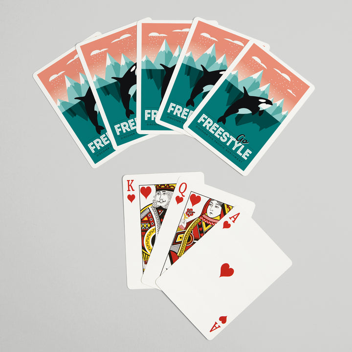 Playing Cards, Pacific Northwest, Orca Whale, Go Freestyle, 52 Card Deck with Jokers in Box, Unique Art