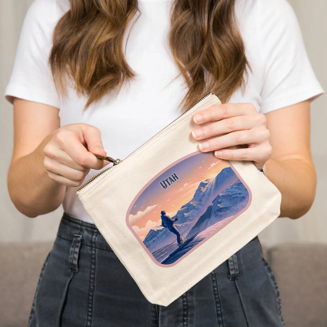 Utah, Lithograph, Skier at the Top, Organic Cotton Zipper Pouch, Go Bag