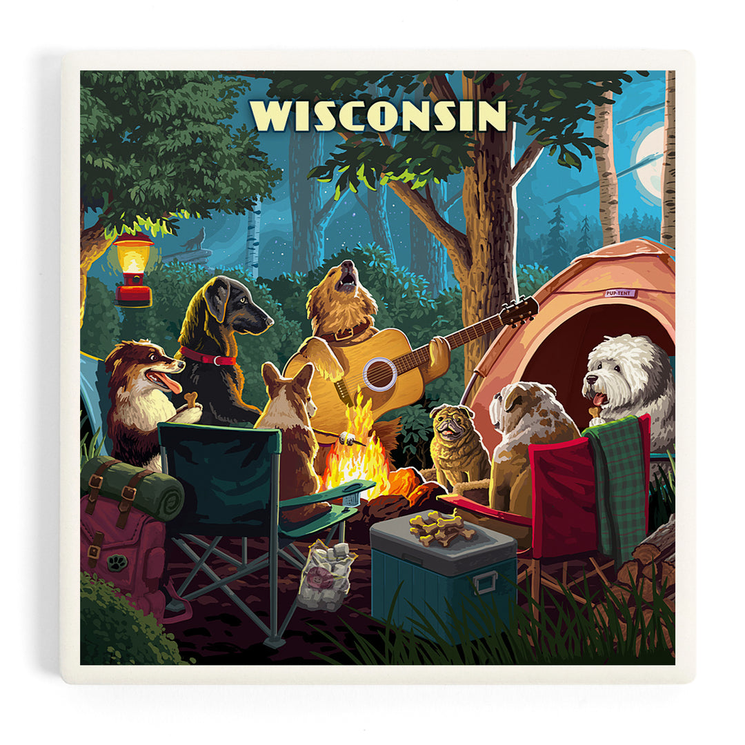 Wisconsin, Painterly, Pack Life, Dogs Around Campfire, Coasters