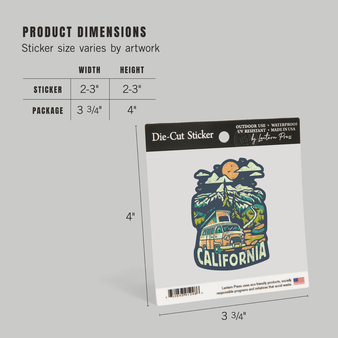 California, Distressed, Camper Van in the Mountains, Contour, Vinyl Sticker - Lantern Press