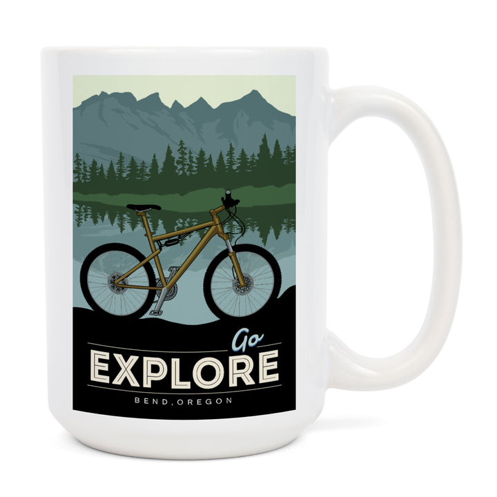 Bend, Oregon, Go Explore, Bike, Lantern Press Artwork, Ceramic Mug