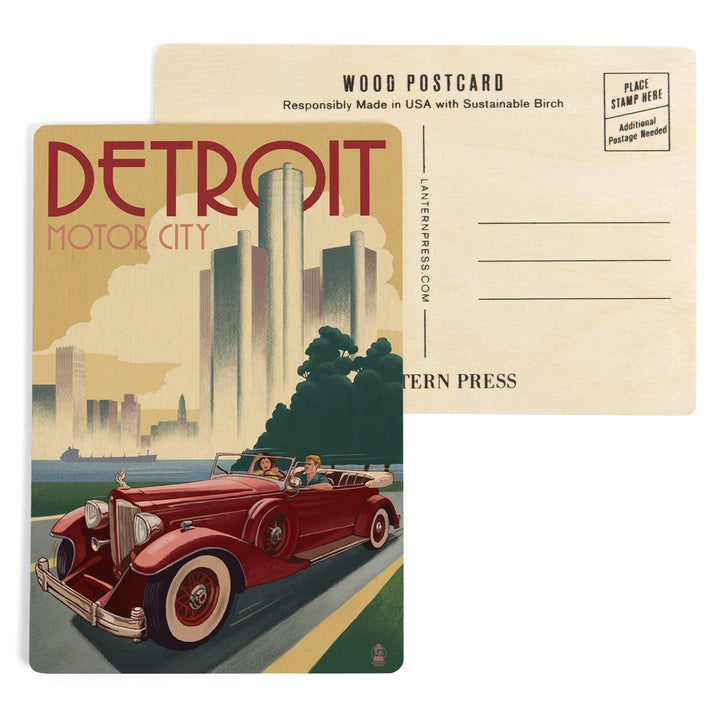 Detroit, Michigan, Vintage Car and Skyline, Wood Sign and Postcards