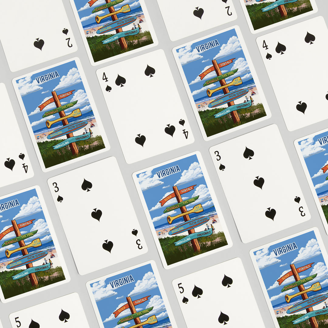 Playing Cards, Virginia, Signpost, Coast Beach with Umbrellas, 52 Card Deck with Jokers in Box, Unique Art