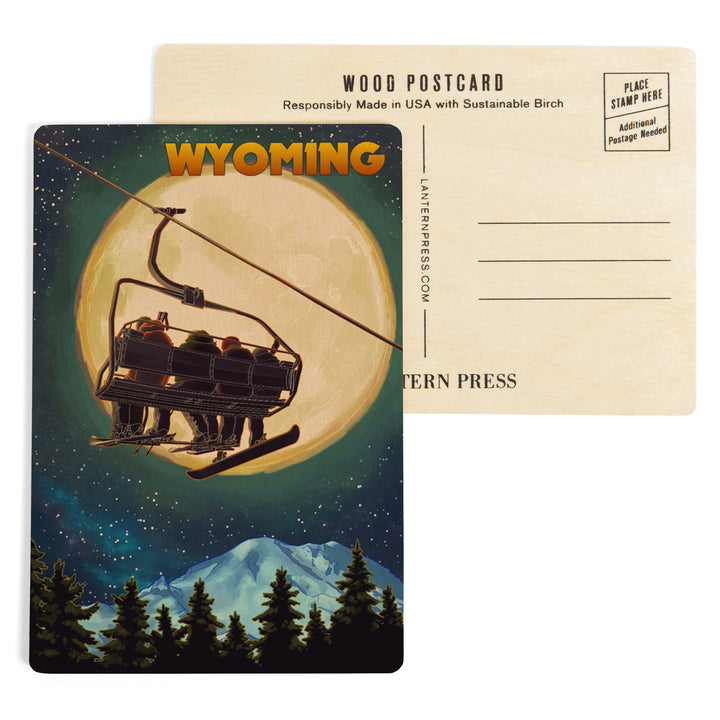 Wyoming, Ski Lift and Full Moon, Snowboarder, Wood Sign and Postcards