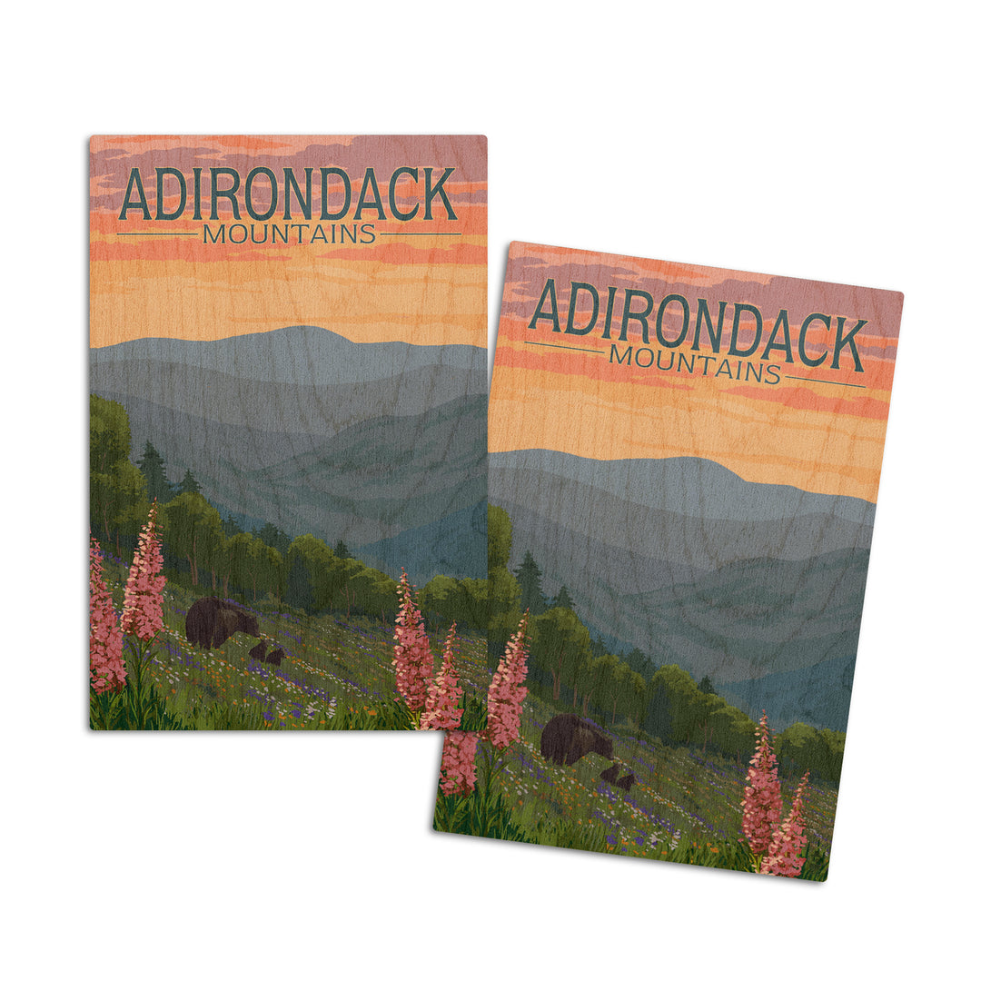 Adirondack Mountains, New York, Bears & Spring Flowers, Lantern Press Artwork, Wood Signs and Postcards