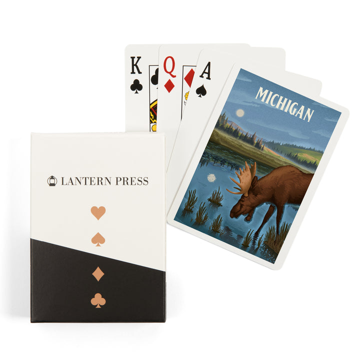 Playing Cards, Michigan, Lithograph, Reflection Pond and Bull Moose, 52 Card Deck with Jokers in Box, Unique Art