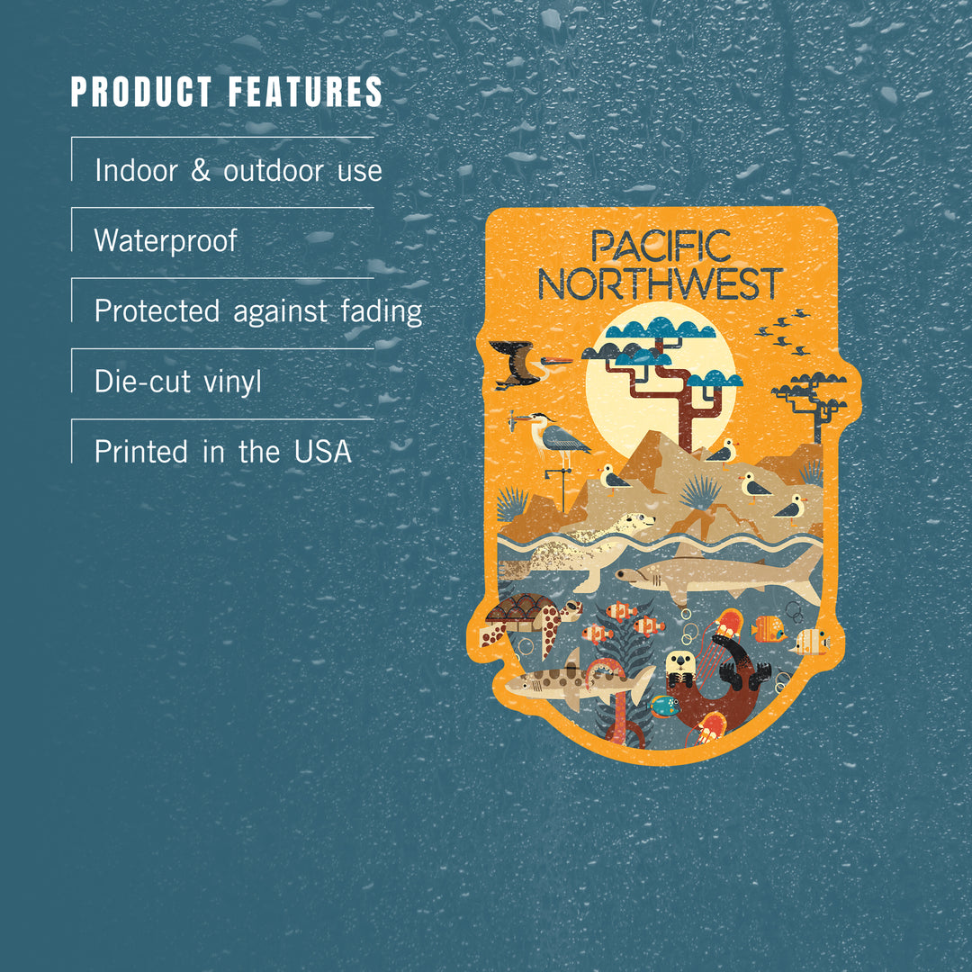 Pacific Northwest Wildlife – Forest, River and Marine Life Illustration, Vinyl Sticker