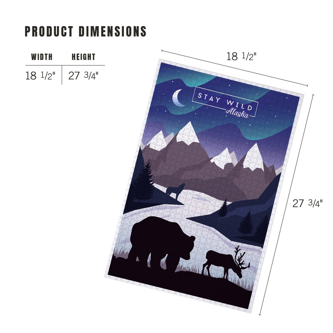 Alaska Northern Lights Night Scene Stay Wild Bear and Mountain Silhouette, Jigsaw Puzzle