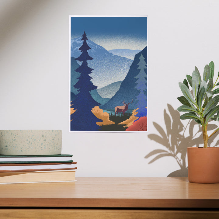 Lithograph, Elk and Mountains Scene,, Art & Giclee Prints
