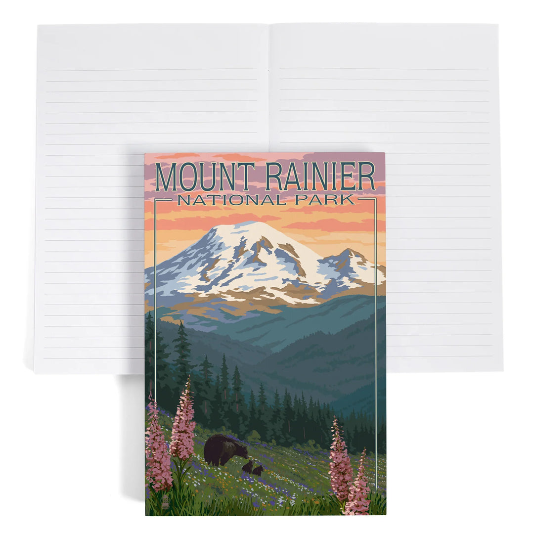 Lined 6x9 Journal, Mount Rainier National Park, Washington, Bear and Spring Flowers, Lay Flat, 193 Pages, FSC paper