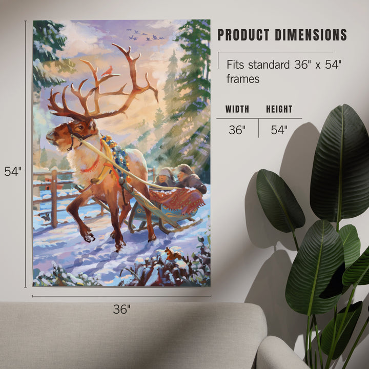 Holiday Tradition, Reindeer Sleigh Ride Through Mountain Snow, Art & Giclee Prints