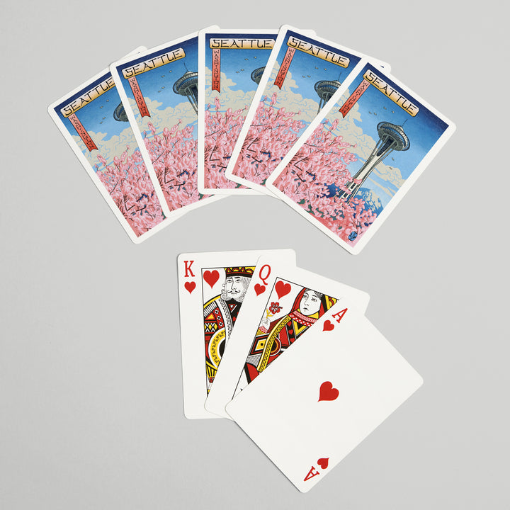Playing Cards, Space Needle, Cherry Blossoms Woodblock, Seattle, Washington, 52 Card Deck with Jokers in Box, Unique Art