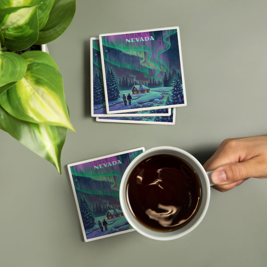 Nevada Lithograph Northern Lights and Cabin, Coasters