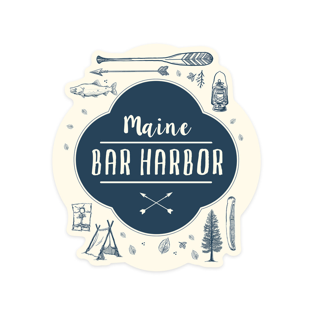 Bar Harbor, Maine, Lake Collage, Contour, Lantern Press Artwork, Vinyl Sticker