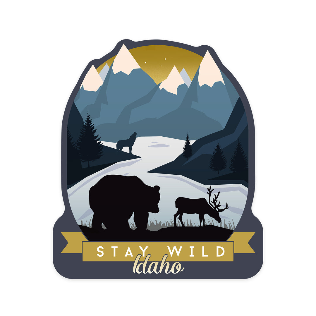 Idaho, Stay Wild, Animal Silhouettes, Yellow & Blue, Contour, Lantern Press Artwork, Vinyl Sticker