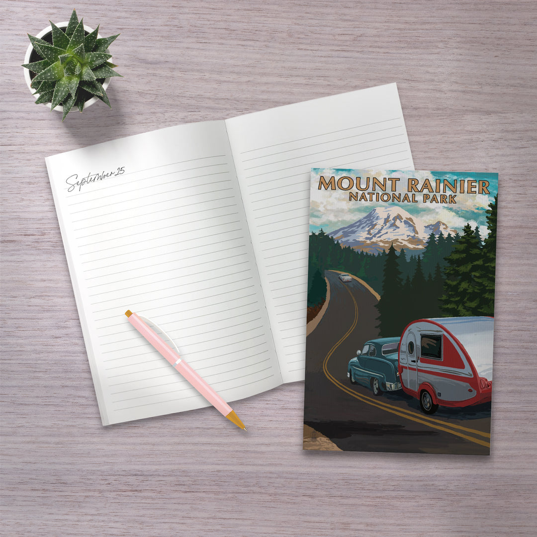 Lined 6x9 Journal, Mount Rainier National Park, Washington, Retro Camper on Road, Lay Flat, 193 Pages, FSC paper