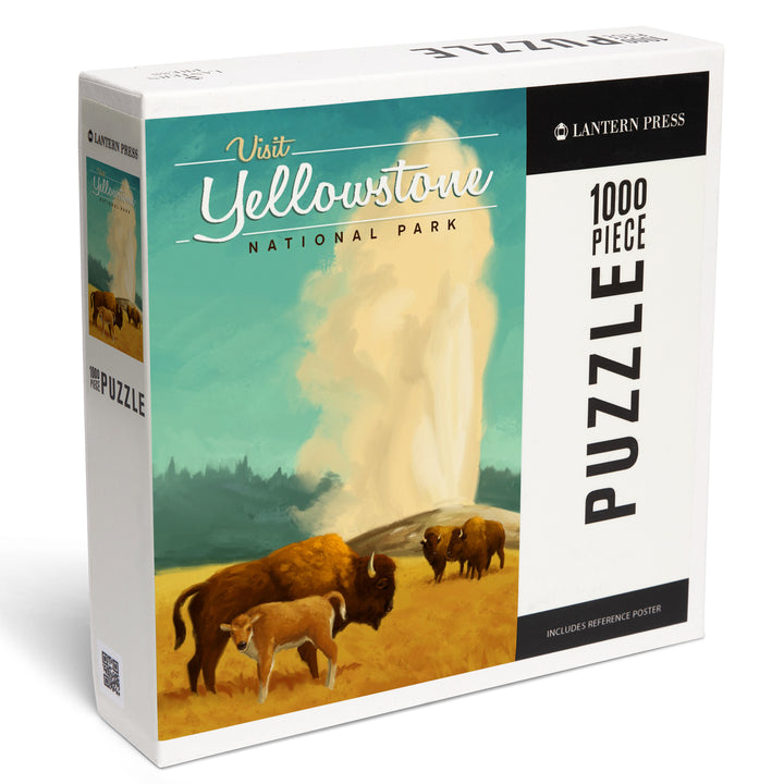 Yellowstone National Park, Oil Painting, Old Faithful and Bison, Jigsaw Puzzle