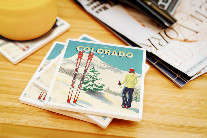 Vail, Colorado, Woman Skier Mountain View, Coaster Set