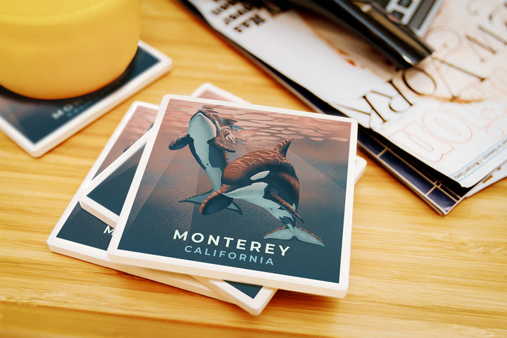 Monterey, California, Orca, Lithograph, Coaster Set