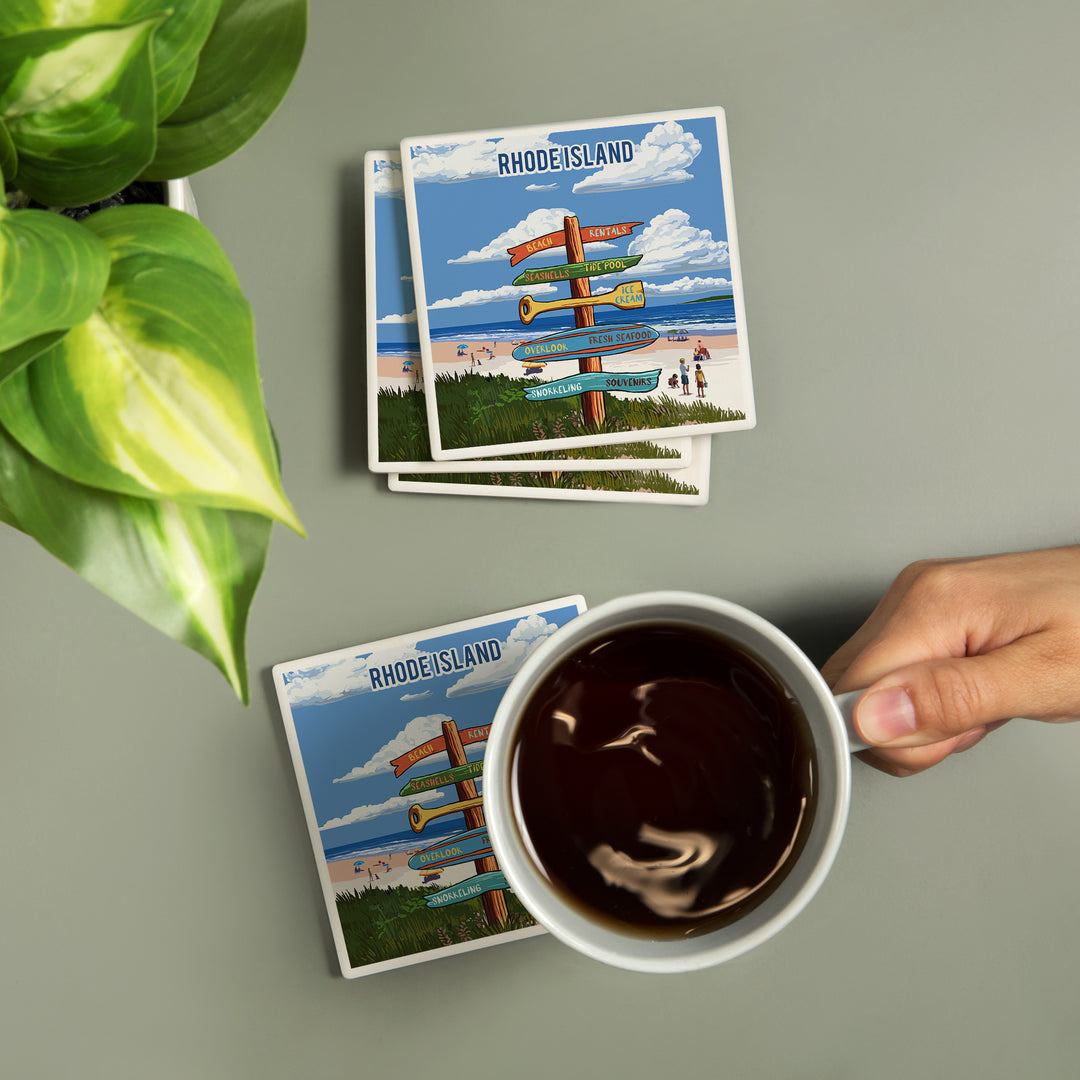 Rhode Island, Signpost, Coast Beach with Umbrellas, Coaster Set