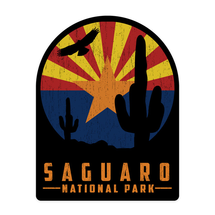 Saguaro National Park, Arizona, Cactus and State Flag, Rustic, Contour, Vinyl Sticker