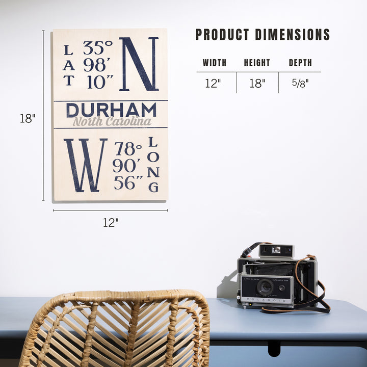 Durham, North Carolina, Latitude & Longitude (Blue), Lantern Press Artwork, Wood Signs and Postcards