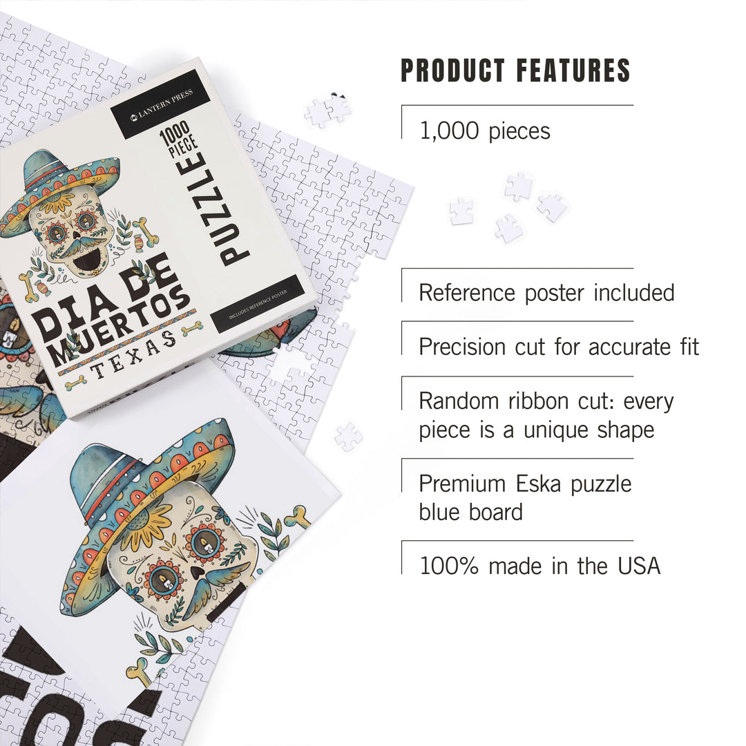 Texas, Watercolor, Dia De Los Muertos, Sugar Skull with Sombrero, 1000 Piece Jigsaw Puzzle