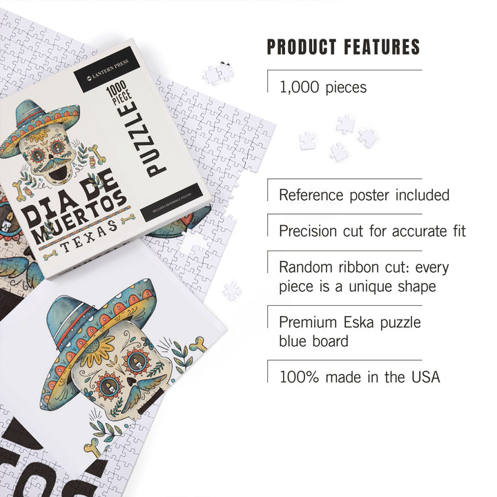 Texas, Watercolor, Dia De Los Muertos, Sugar Skull with Sombrero, 1000 Piece Jigsaw Puzzle