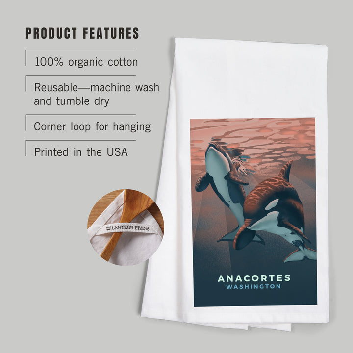 Anacortes, Washington, Orca, Lithograph, Organic Cotton Kitchen Tea Towels