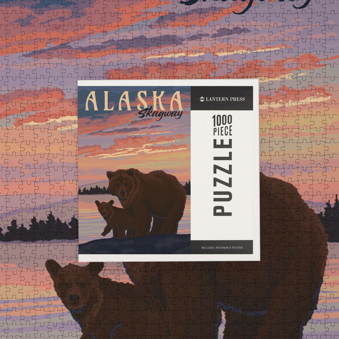 Skagway, Alaska, Painterly, Bear and Cub at Sunset, Jigsaw Puzzle