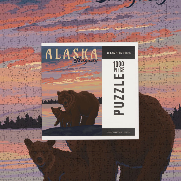 Skagway, Alaska, Painterly, Bear and Cub at Sunset, Jigsaw Puzzle