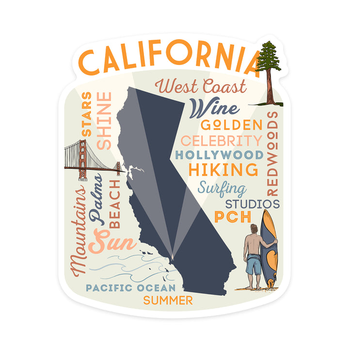 California, Typography & Icons, Contour, Lantern Press Artwork, Vinyl Sticker