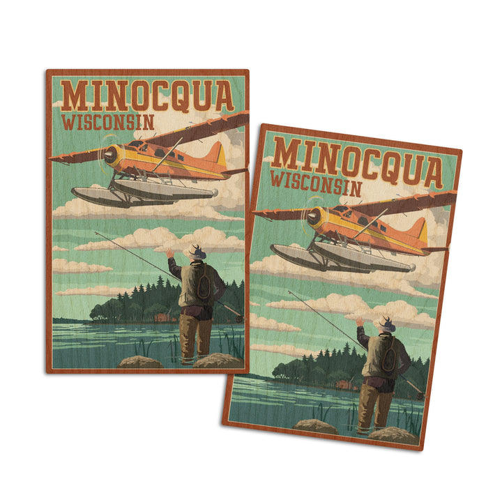 Minocqua, Wisconsin, Float Plane & Fisherman, Lantern Press Artwork, Wood Signs and Postcards