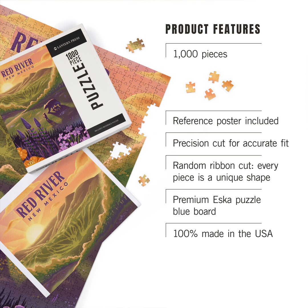 Red River, New Mexico, Lithograph, Bear and Spring Flowers, Ski Mountain, 1000 Piece Jigsaw Puzzle