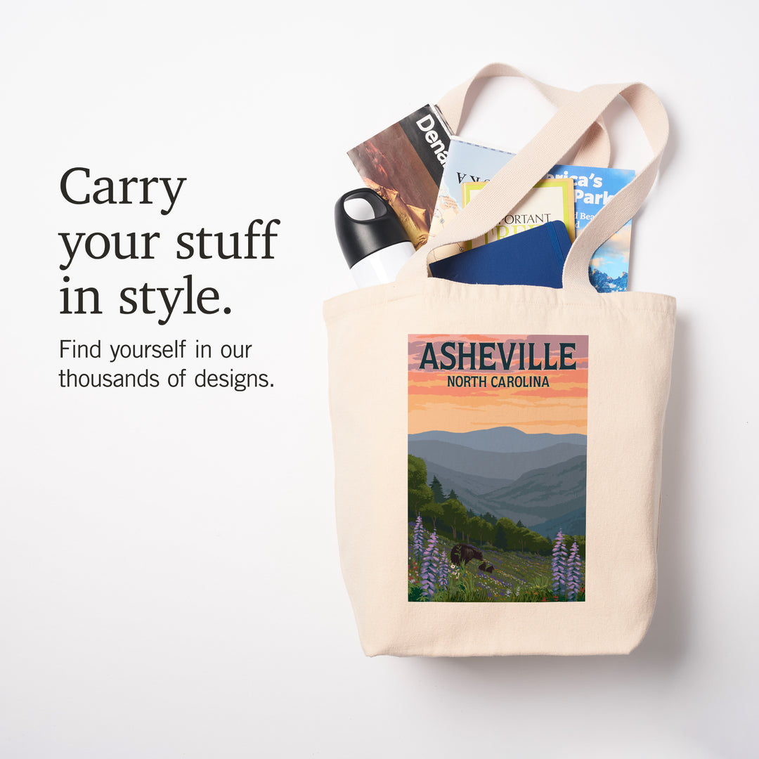 Asheville, North Carolina, Bears and Spring Flowers, Lantern Press Artwork, Tote Bag