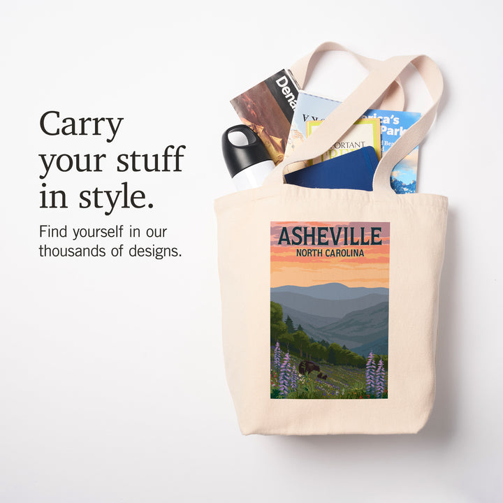 Asheville, North Carolina, Bears and Spring Flowers, Lantern Press Artwork, Tote Bag
