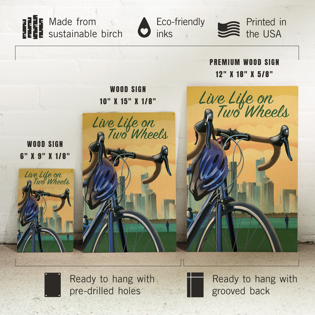 Live Life on Two Wheels, Bicycle and City, Lithograph, Wood Signs and Postcards