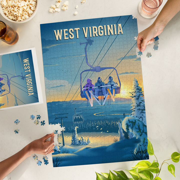 West Virginia, Lithograph, Chairlift, 1000 Piece Jigsaw Puzzle