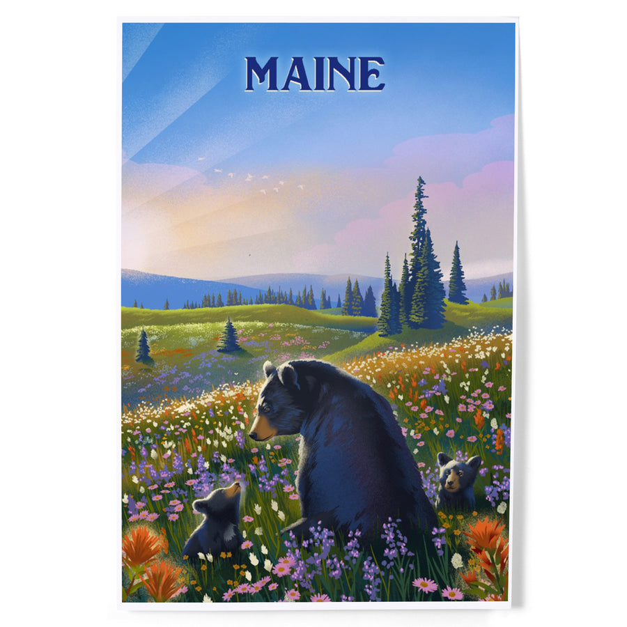 Maine, Lithograph, Bear Family in Field, Art & Giclee Prints - Lantern Press