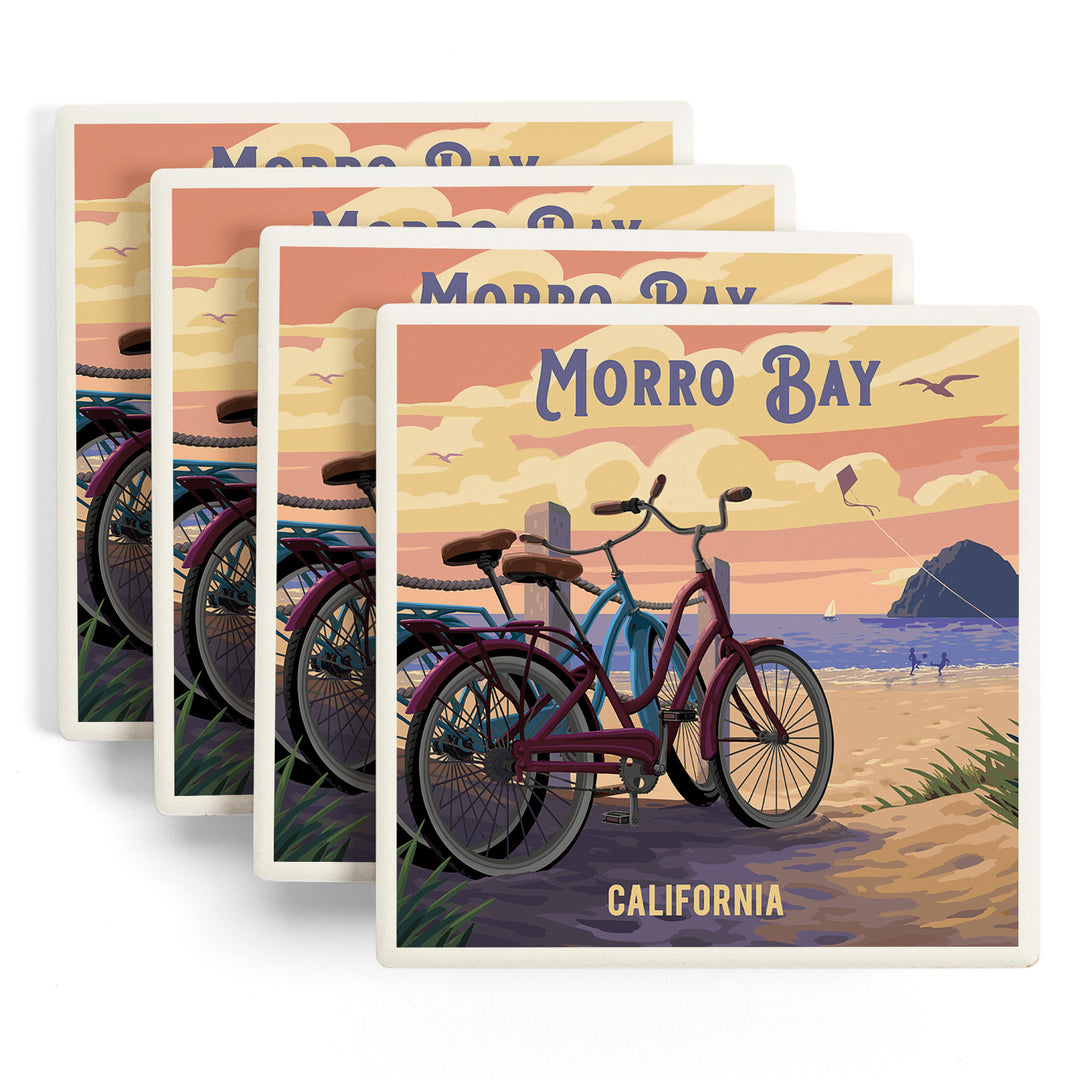 Morro Bay, California, Painterly, The Beach Is Calling, Beach Bikes, Coaster Set