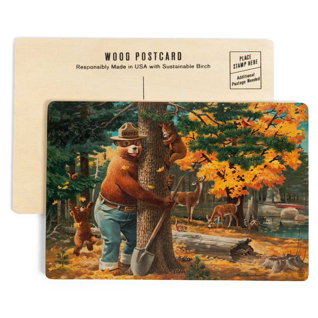 Smokey Bear Hugging Tree, Officially Licensed, Wood Sign and Postcards