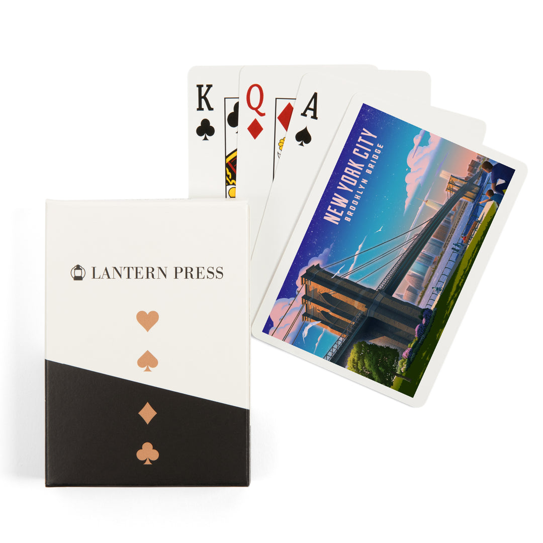 Playing Cards, New York City, New York, Lithograph, Brooklyn Bridge at Dusk, 52 Card Deck with Jokers in Box, Unique Art