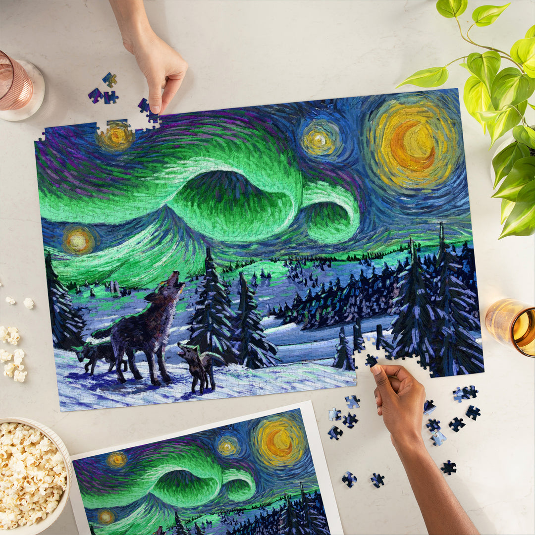 Starry Night, Northern Lights with Wolf and Cubs, 1000 Piece Jigsaw Puzzle