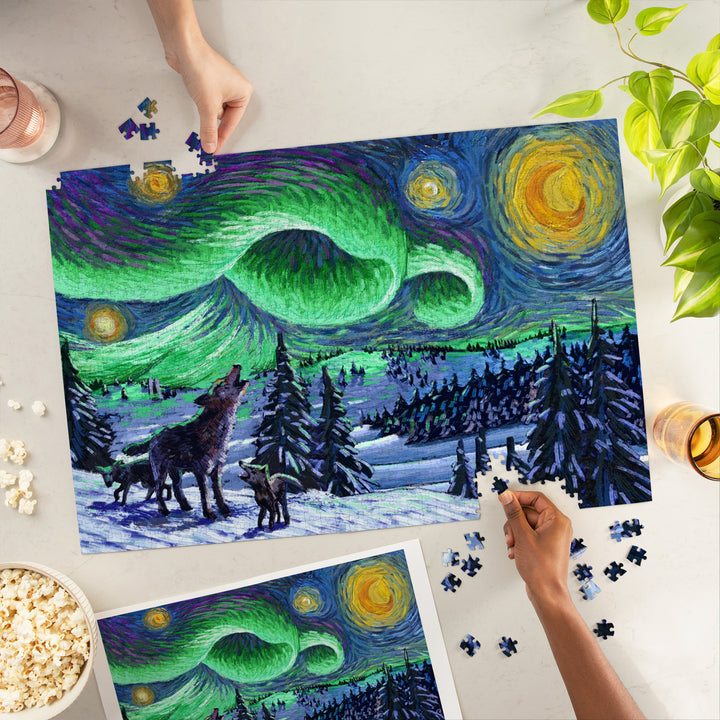 Starry Night, Northern Lights with Wolf and Cubs, 1000 Piece Jigsaw Puzzle